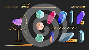 Set of polygonal colored stones, gold stand holder. Geology, gemology, jewelry, polygonal shape. Natural and synthetic minerals.