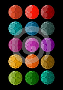 Set of polygonal designed spheres in different colors. Design element for print, web. Multicolored facet surface.