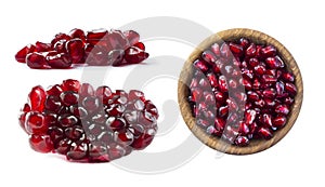 Set of pomegranate seeds. Pomegranate isolated on white background. Sweet and juicy garnet with copy space for text. Garnets isola