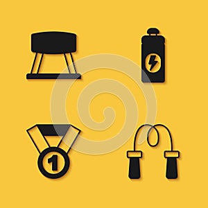 Set Pommel horse, Jump rope, Medal and Fitness shaker icon with long shadow. Vector