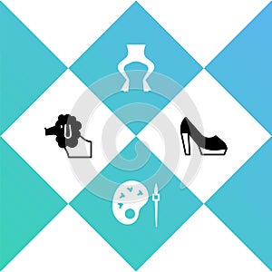 Set Poodle dog, Paint brush with palette, Frog legs and Woman shoe icon. Vector