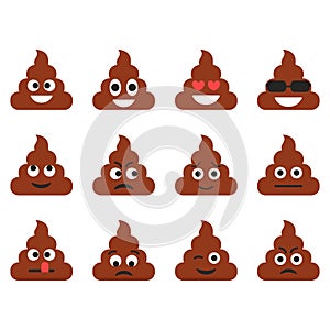 Set of the poop emoticons. Cute emoji icons. Cartoon emotions. Vector illustration photo