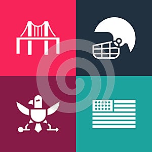 Set pop art American flag, Eagle, football helmet and Golden gate bridge icon. Vector