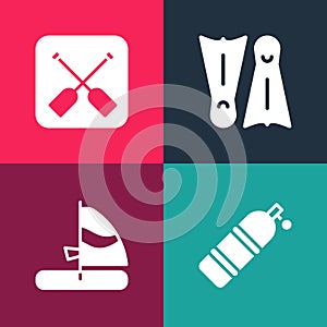 Set pop art Aqualung, Windsurfing, Flippers for swimming and Paddle icon. Vector