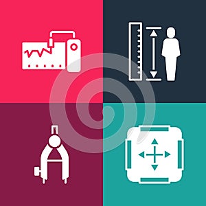 Set pop art Area measurement, Drawing compass, Measuring height body and instrument icon. Vector