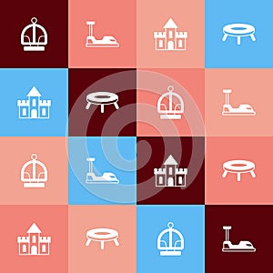 Set pop art Attraction carousel, Bumper, Sand castle and Jumping trampoline icon. Vector