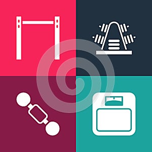 Set pop art Bathroom scales, Dumbbell, Metal rack with weights and Horizontal bar icon. Vector