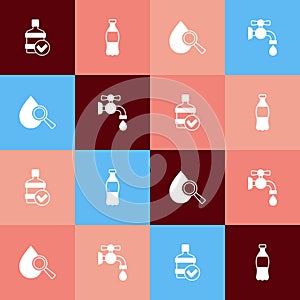 Set pop art Big bottle with clean water, Bottle of, Drop and magnifying glass and Water tap icon. Vector