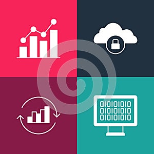 Set pop art Binary code, Pie chart infographic, Cloud computing lock and icon. Vector