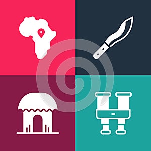 Set pop art Binoculars, African hut, Machete and Map of icon. Vector