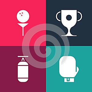 Set pop art Boxing glove, Punching bag, Award cup and Golf ball on tee icon. Vector