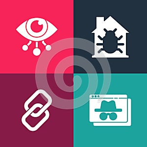 Set pop art Browser incognito window, Chain link, House system bug and Eye scan icon. Vector