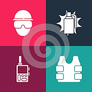 Set pop art Bulletproof vest, Walkie talkie, Hand grenade and Special forces soldier icon. Vector