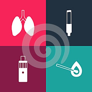 Set pop art Burning match with fire, Vape mod device, Cigarette and Lungs icon. Vector