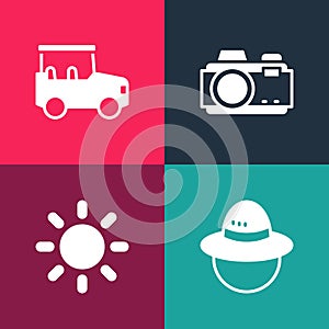 Set pop art Camping hat, Sun, Photo camera and Safari car icon. Vector