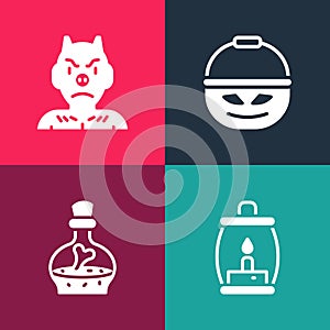 Set pop art Camping lantern, Bottle with potion, Pumpkin basket for sweets and Krampus, heck icon. Vector
