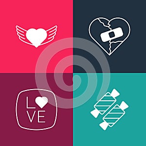 Set pop art Candy, Love text, Healed broken heart or divorce and Heart with wings icon. Vector
