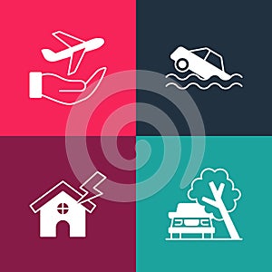 Set pop art Car damaged by fallen tree, House and lightning, Flood car and Plane hand icon. Vector