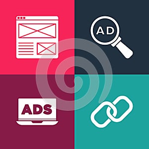 Set pop art Chain link, Advertising, and Browser window icon. Vector