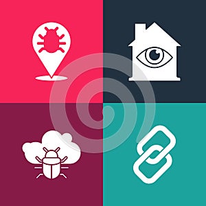 Set pop art Chain link, System bug on cloud, House with eye scan and icon. Vector