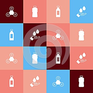 Set pop art Chemical formula water H2O, Bottle of, and Washing hands with soap icon. Vector