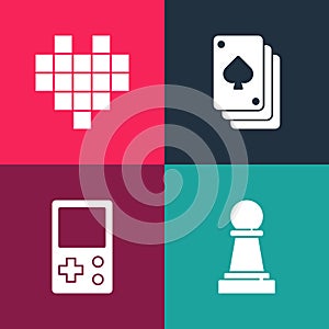 Set pop art Chess, Tetris, Playing cards and Pixel hearts for game icon. Vector