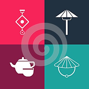 Set pop art Chinese conical straw hat, tea ceremony, Japanese umbrella from the sun and paper lantern icon. Vector