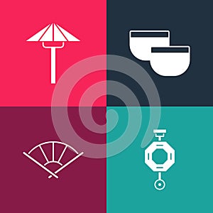 Set pop art Chinese paper lantern, or japanese folding fan, tea ceremony and Japanese umbrella from the sun icon. Vector