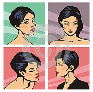 Set of pop art comic female portraits