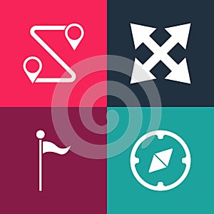 Set pop art Compass, Location marker, Road traffic sign and Route location icon. Vector