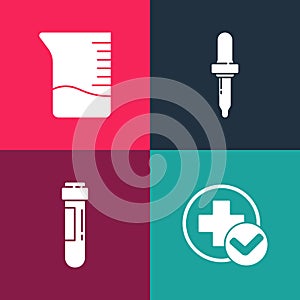 Set pop art Cross hospital medical, Test tube with blood, Pipette and Measuring cup icon. Vector