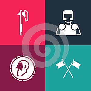 Set pop art Crossed medieval flag, Ancient coin, Medieval knight and axe icon. Vector