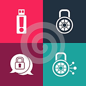 Set pop art Cyber security, , Safe combination lock and USB flash drive icon. Vector