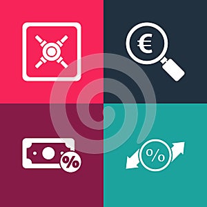 Set pop art Discount percent tag, Money, Magnifying glass and euro and Safe icon. Vector