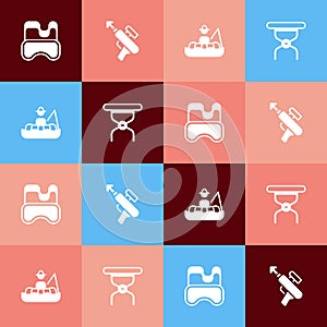 Set pop art Diving mask, Fishing harpoon, Fisherman boat and Camping folding chair icon. Vector
