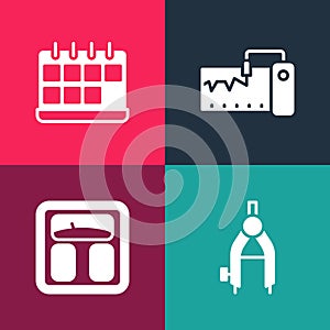 Set pop art Drawing compass, Bathroom scales, Measuring instrument and Calendar icon. Vector