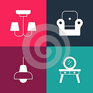 Set pop art Dressing table, Lamp hanging, Armchair and Chandelier icon. Vector
