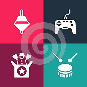 Set pop art Drum with drum sticks, Jack in the box toy, Gamepad and Whirligig icon. Vector