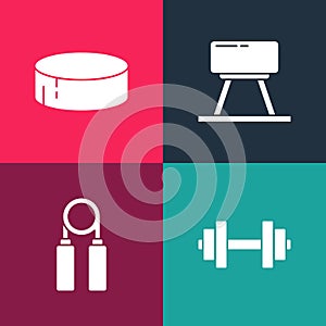 Set pop art Dumbbell, Sport expander, Pommel horse and Hockey puck icon. Vector