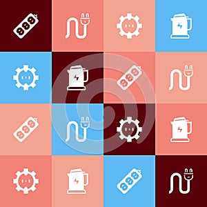 Set pop art Electric extension, plug, Electrical outlet and kettle icon. Vector