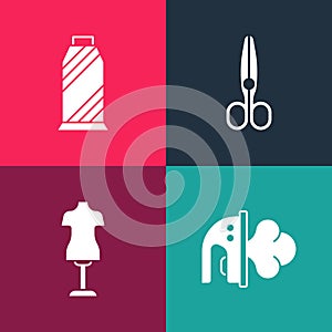 Set pop art Electric iron, Mannequin, Scissors and Sewing thread spool icon. Vector