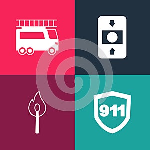 Set pop art Emergency call 911, Burning match with fire, Fire alarm system and truck icon. Vector