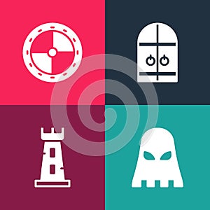 Set pop art Executioner mask, Castle tower, Medieval castle gate and Round wooden shield icon. Vector