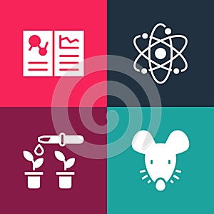 Set pop art Experimental mouse, Pipette and plant, Atom and Clinical record icon. Vector