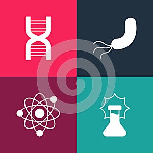 Set pop art Explosion in the flask, Atom, Bacteria and DNA symbol icon. Vector