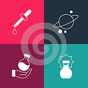 Set pop art Explosion in the flask, Test tube, Planet Saturn and Pipette icon. Vector