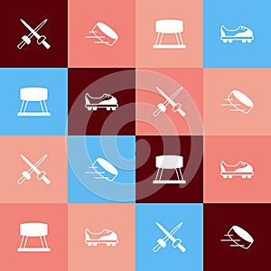 Set pop art Fencing, Hockey puck, Pommel horse and Football shoes icon. Vector