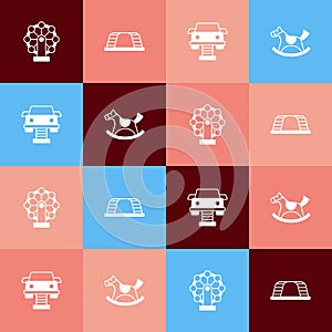 Set pop art Ferris wheel, Monkey bar, Swing car and Horse saddle swing icon. Vector