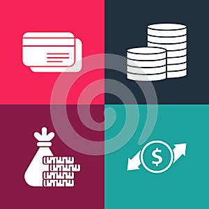 Set pop art Financial growth and dollar, Money bag coin, Coin money and Credit card icon. Vector