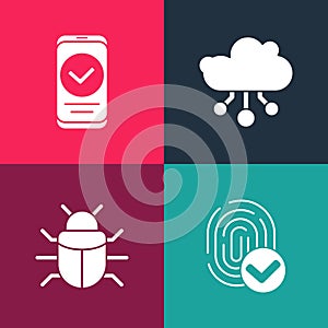 Set pop art Fingerprint, System bug, Internet of things and Smartphone icon. Vector